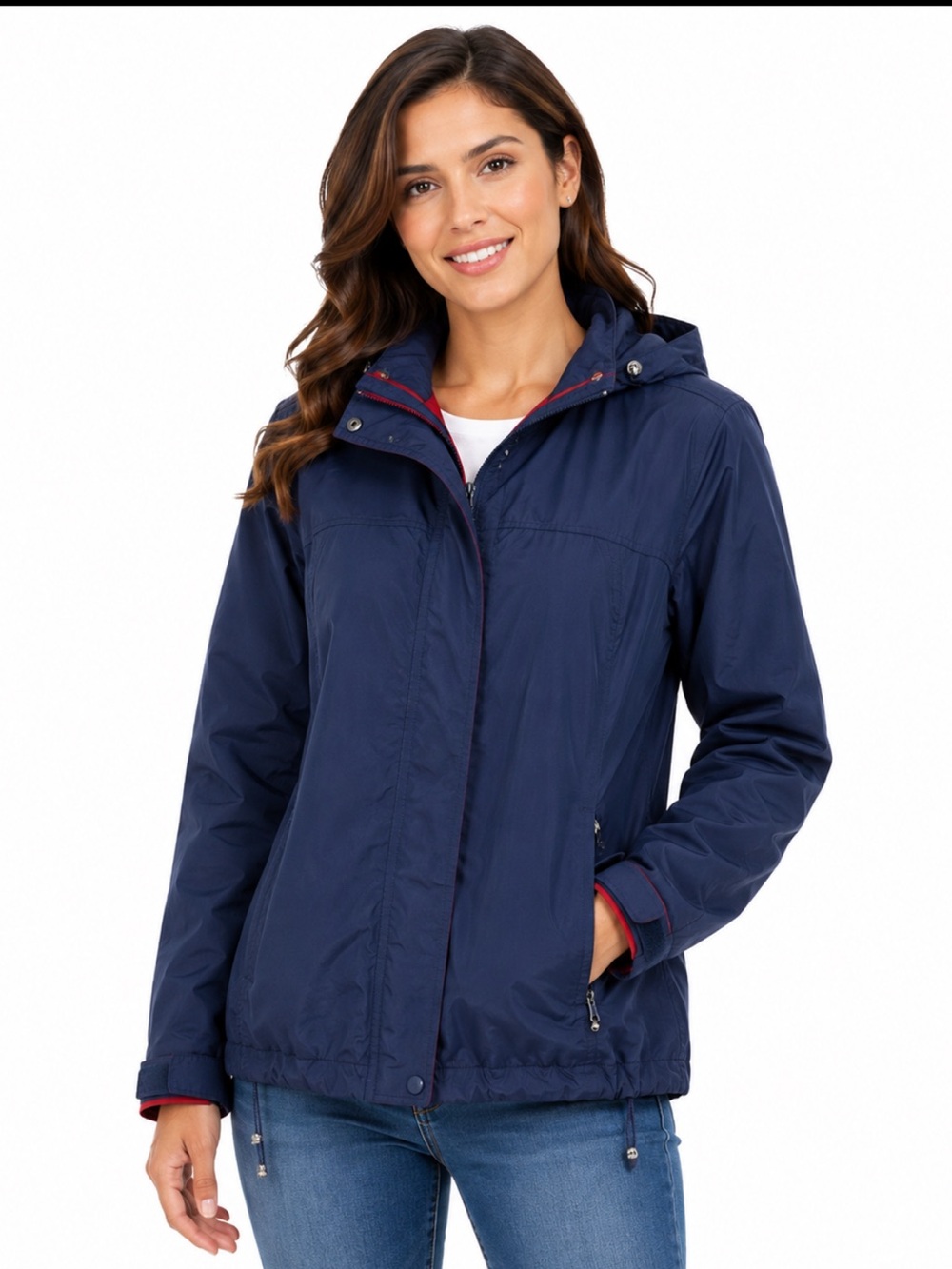 L.L.Bean Women’s Lightweight Hooded Shell Jacket Navy Red Nylon Size L